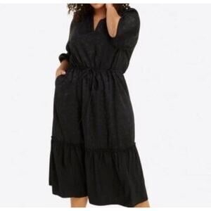New 2X Draper James Black Martina Popover Midi Dress Floral Jacquard Black XXL